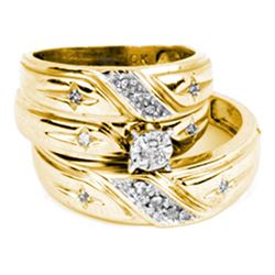 His & Hers Diamond Solitaire Cross Matching Bridal Wedding Ring Band Set 1/5 Cttw 10kt Yellow Gold