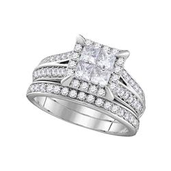 Diamond Square Halo Bridal Wedding Engagement Ring Band Set 1-1/2 Cttw 14kt White Gold