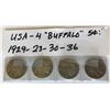 Image 1 : 4 X 1923-29-30-36 USA BUFFALO 5 CENT COINS