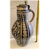 LARGE ANTIQUE COVERED CROCKERY URN WITH BLUE MOTIF