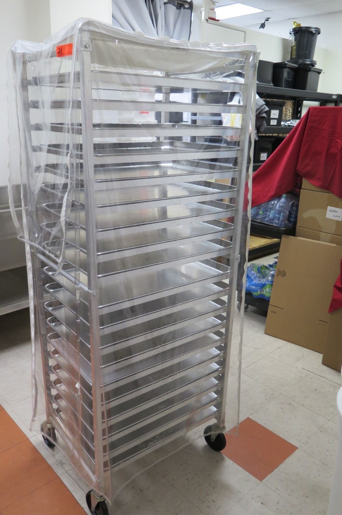 Rolling Commercial End Load Sheet Pan Rack w/ Multiple Pans & Plastic