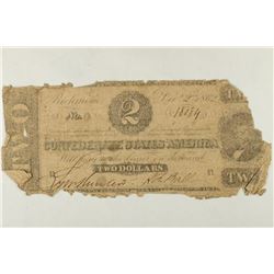 1862 $2 CONFEDERATE STATES OF AMERICA CURRENCY