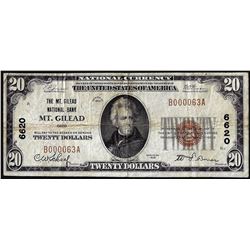 1929 $20 The Mt. Gilead NB of Mt. Gilead, OH CH# 6620 National Currency Note Low Serial