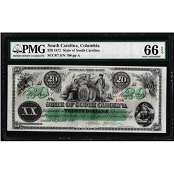 1872 $20 State of South Carolina Revenue Bond Obsolete Note PMG Gem Uncirculated 66EPQ