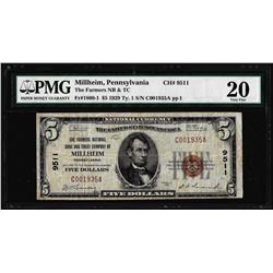 1929 Type 1 $5 Millheim, PA CH# 9511 National Currency Note PMG Very Fine 20