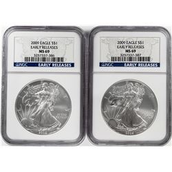Lot of (2) 2009 $1 American Silver Eagle Coins NGC MS69 Early Releases