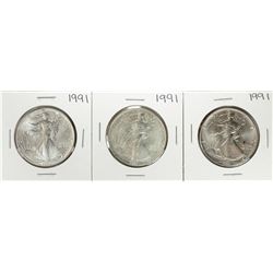 Group of (3) 1991 $1 American Silver Eagle Coins