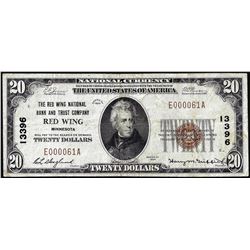 1929 $20 The Red Wing NB & Trust Company Red Wing, MN CH# 13396 National Currency Note