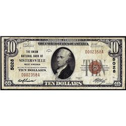 1929 $10 National Bank of Sistersville, West Virginia CH# 5028 National Currency Note