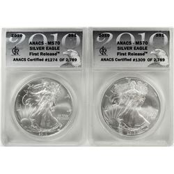 Lot of (2) 2010 $1 American Silver Eagle Coins ANACS MS70 First Release