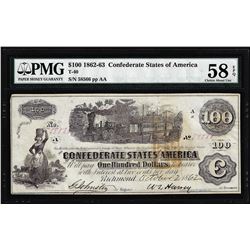 1862 $100 Confederate States of America Note T-40 PMG About Uncirculated 58EPQ