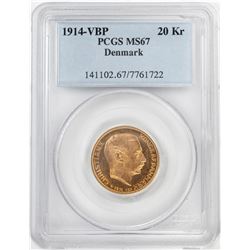 1914-VBP Denmark 20 Kroners Gold Coin PCGS MS67