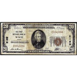 1929 $20 First National Bank of Waco, Texas CH# 2189 National Currency Note