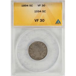 1894 Liberty V Nickel Coin ANACS VF30