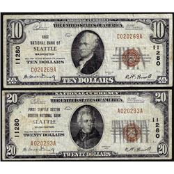 Set of 1929 $10/$20 First NB of Seattle, WA CH# 11280 National Currency Notes