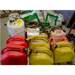 PALLET OF ASSORTED JERRY CANS, PROPANE TANKS,