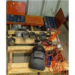 PALLET W/ ASSORTED SCREWS, MILWAUKEE DRILL,