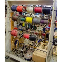 SPOOL RACK W/ 32 ASSORTED GAUGE WIRE SPOOLS