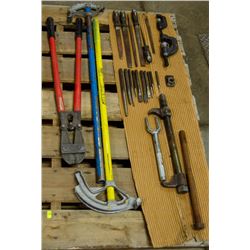 PALLET OF TOOLS INCL: PIPE BENDERS, BOLT CUTTERS,