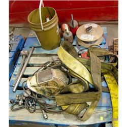 PALLET W/ 2 SLINGS, WELDING MASK, GAS CYLINDER