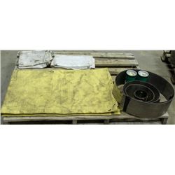 PALLET OF ASSORTED SIZE STEEL SHIM & SHOP DRAPES