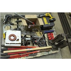 LOT OF ASSORTED TOOLS; RIDGID PIPE THREADER/