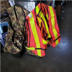 HUNTING VEST W/ GUN POUCH AND 3 HIGH VIS VESTS