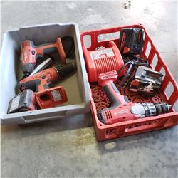 2 TRAYS OF HILTI AND MILWAUKEE CORDLESS DRILLS W/ BATTERIES AND CHARGERS