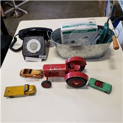 GALVANIZED PAIL, METAL TOY CARS AND ROTARY PHONE