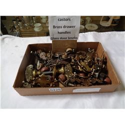 LOT OF ANTIQUE WOOD CASTORS, AND DRAWER HARDWARE