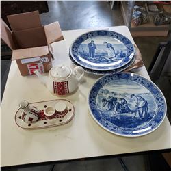 UKRAINIAN TEAPOT SET AND BLUE AND WHITE PLATTERS