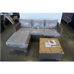 BRAND NEW PATIO FLARE OUTDOOR SECTIONAL WITH MOVABLE OTTOMAN, CLIPS TO SECURE, AND GLASS TOP COFFEE 