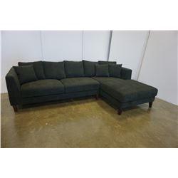 BRAND NEW BLACK FABRIC 2 PIECE SECTIONAL SOFA W/ THROW PILLOWS AND SOLID WOOD CONSTRUCTION - RETAIL 