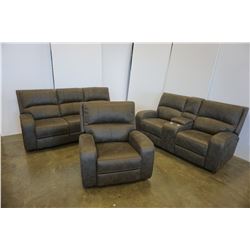 BRAND NEW PERTH GREY FABRIC 3 PIECE RECLINING SOFA SET LOVESEAT W/ CONSOLE - RETAIL $3099