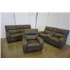 Image 1 : BRAND NEW PERTH GREY FABRIC 3 PIECE RECLINING SOFA SET LOVESEAT W/ CONSOLE - RETAIL $3099