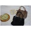 Image 1 : HERITAGE MINT CLOCK, TILE ART, AND 3 WOVEN BAGS