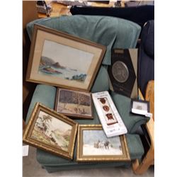 VINTAGE PAINTINGS PRINTS AND COIN SHADOW BOX