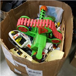 BOX OF TOYS VINTAGE VEHICLES AND FOAM DART GUN