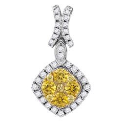 14kt White Gold Round Yellow Diamond Diagonal Square Frame Cluster Pendant 1.00 Cttw