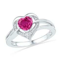 Sterling Silver Round Lab-Created Pink Sapphire Heart Diamond Ring 1.00 Cttw