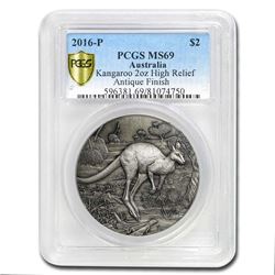 2016 Australia 2 oz Silver HR Kangaroo MS-69 PCGS (Antiqued)