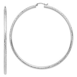 14k White Gold Lightweight Diamond-cut Hoop Earrings - 3x80 mm