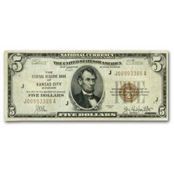 1929 (J-Kansas City) $5.00 Brown Seal FRBN VF