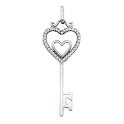 10kt White Gold Round Diamond Key Double Heart Pendant 1/10 Cttw