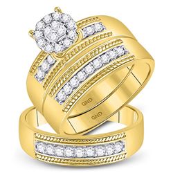10kt Yellow Gold His & Hers Round Diamond Cluster Matching Bridal Wedding Ring Band Set 3/4 Cttw
