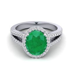 3 ctw Emerald & Micro VS/SI Diamond Halo Solitaire Ring 18k White Gold