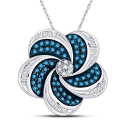 10kt White Gold Round Blue Color Enhanced Diamond Pinwheel Cluster Pendant 1/2 Cttw