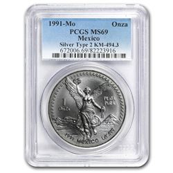 1991 Mexico 1 oz Silver Libertad Type 2 MS-69 PCGS