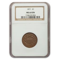 1871 Two Cent Piece MS-64 NGC (Brown)