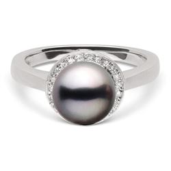 Black Tahitian Pearl and Diamond Halo Ring, 8.0-9.0mm